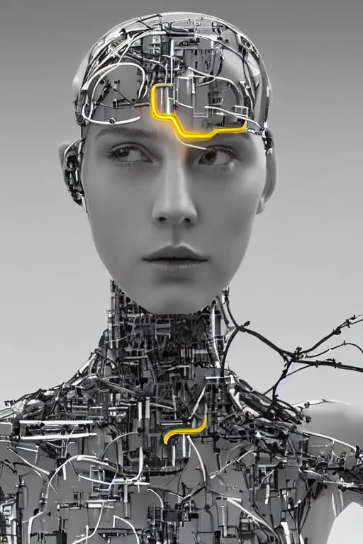 Image similar to robot with human face, female head, full body angle, woman human face, human face realistic, beautiful blonde hair, human head, human head with blonde hair, blonde hair human head, blonde hair, human realistic face, human head skin, cyborg frame concept, cyborg by ales-kotnik, sci-fi android female, the body is made of wires, robotic body, cyborg body, cyborg bust body, robot body cyborg, full body