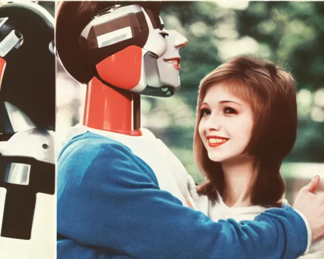 Image similar to middle shot, male and female robots are in love with each other pose for a photo, circa 1 9 8 4