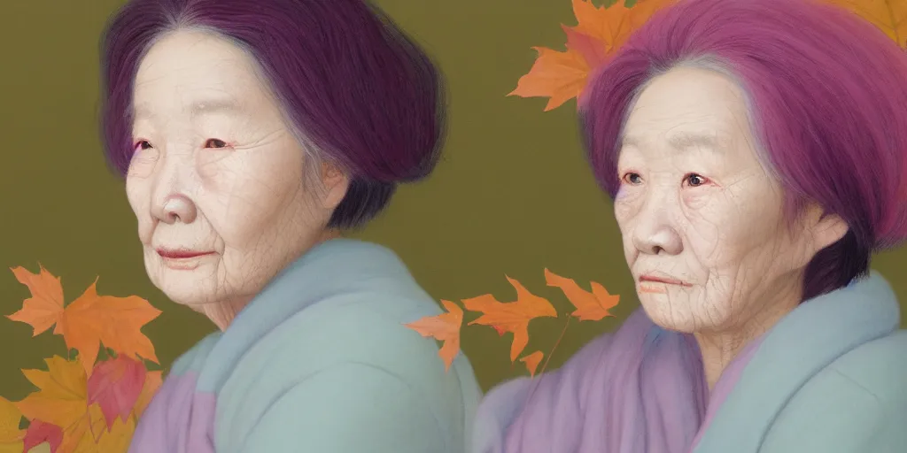 Prompt: detailed pastel colors portrait of an old woman with autumn leaves hair, by hsiao - ron cheng, fine detail, 8 k
