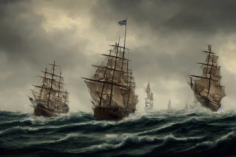 Prompt: a tall ship sailing vessel in stormy windy seas, in the style of, george philip reinagle, hypermaximalistic, high details, cinematic, 8 k resolution, beautiful detailed, insanely detailed, trending in artstation, octane render, unreal engine