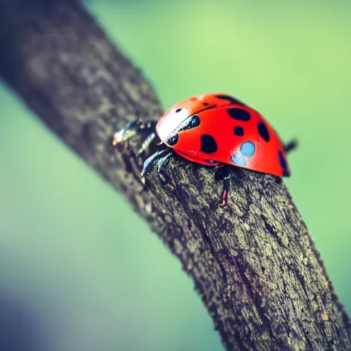 Prompt: macro photo of a ladybird on a tree trunk, reduced field of view, cinematic lighting, professional photography, sunny day