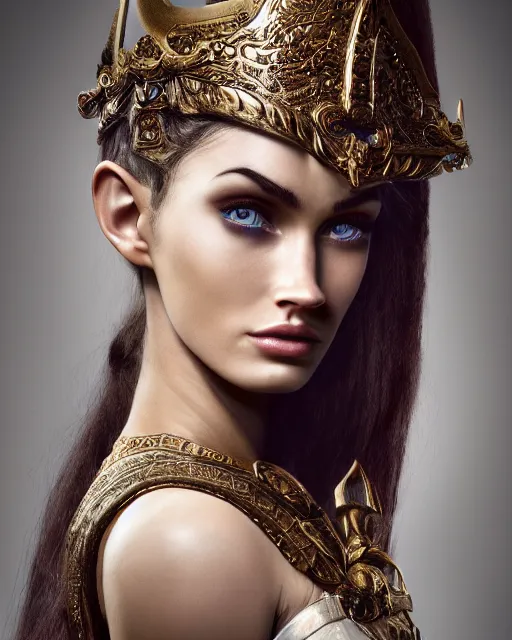 Image similar to photorealistic head and shoulders photo of beautiful victorian female ornate fantasy greek elf spartan warrior goddess, megan fox, wind blown hair, seductive, confident, Neil Blevins, Frank frazetta, arney freytag, Ritu Kumar, Sabyasachi Mukherjee, Annie Leibowitz, Magic the gathering,octane, bokeh, 8k, fashion pose, cinematic, 28mm