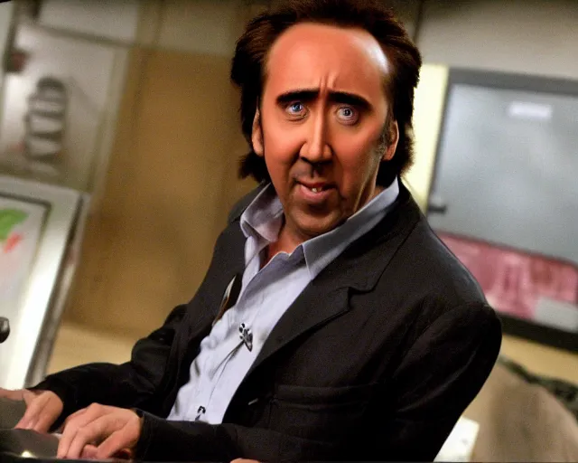 Prompt: nicolas cage in the it crowd ( 2 0 0 6 ), channel 4, episode still, 4 8 0 p