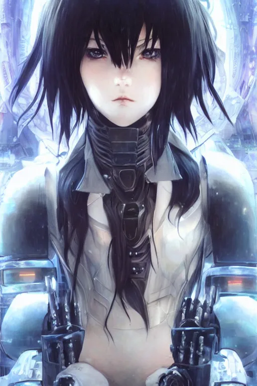 Image similar to portrait Anime girl in cyberpunk trinity blood armor, cute-fine-face, black-hair pretty face, realistic shaded Perfect face, fine details. Anime. realistic shaded lighting by Ilya Kuvshinov katsuhiro otomo ghost-in-the-shell, magali villeneuve, artgerm, rutkowski, WLOP Jeremy Lipkin and Giuseppe Dangelico Pino and Michael Garmash and Rob Rey and Yoshitaka Amano and Thores Shibamoto