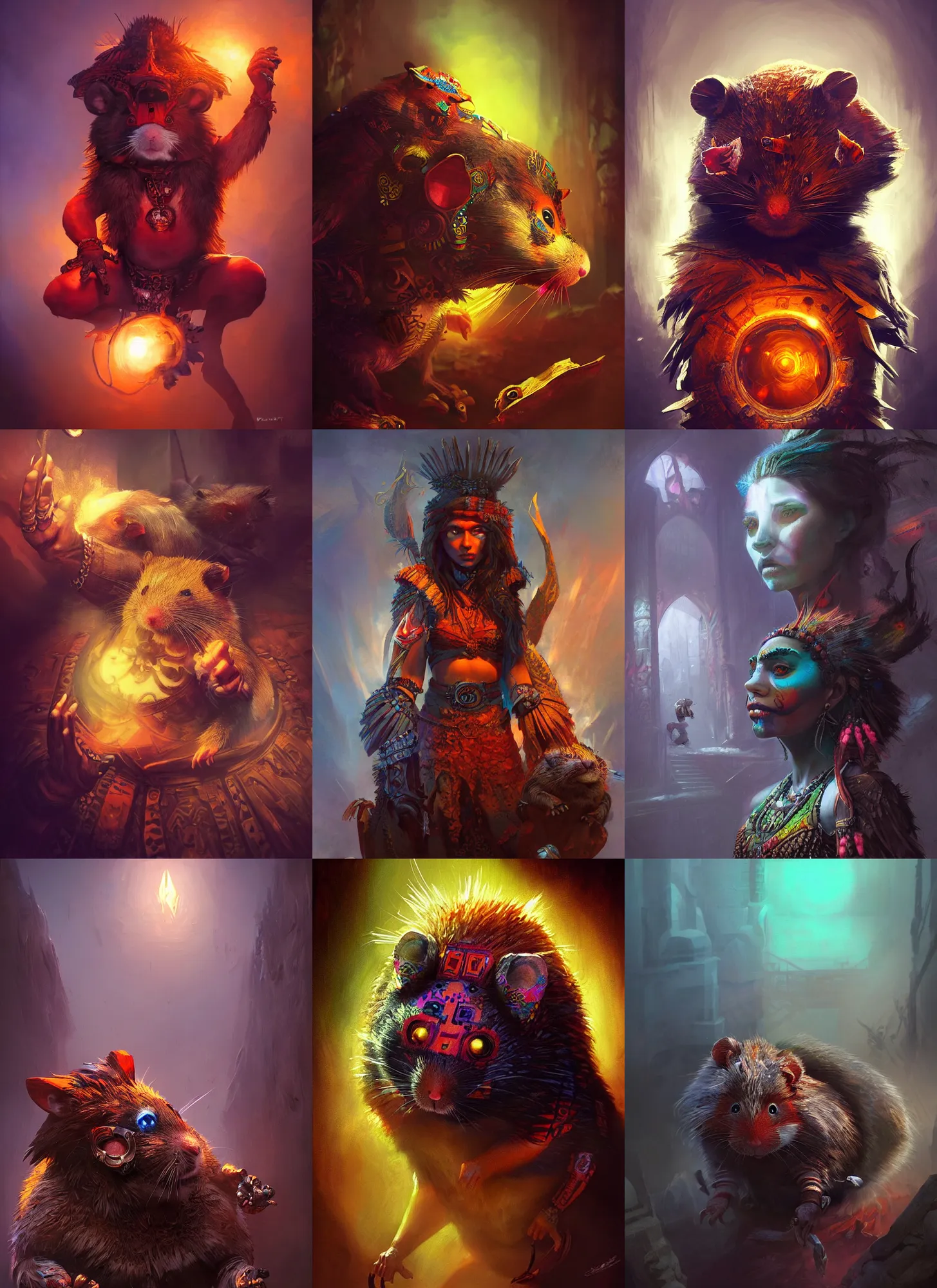 Prompt: aztec hamster , vivid colors, dark shadows, contrast, concept art, sharp focus, digital art, Hyper-realistic, 4K, Unreal Engine, Highly Detailed, Dramatic Lighting, Beautiful, by Brom, bastien lecouffe-deharme