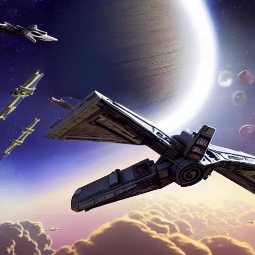 Image similar to horizon x wing space ship, tie fighters fighting in toxic green planet moon and stars in background hyper realistic, high definition cinematic