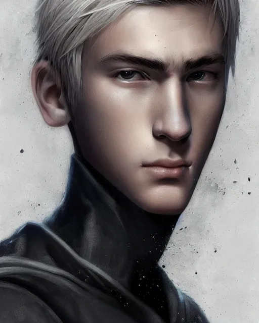 Prompt: portrait a 1 5 - year - old boy, with slender, white - blond hair, cold grey eyes, a pale complexion with sharp and pointed features, wearing black clothes, hyper realistic face, beautiful eyes, character art, art by mark brooks, hyperdetailed, cryengine, trending on artstation, digital art