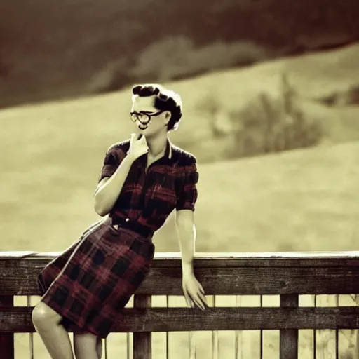 Prompt: The image is of a woman in the 1950s posing on a fence. She is wearing penny loafers, rolled jeans and a plaid shirt. Her hair is styled in a classic 1950s style and she is wearing cat eye glasses. She looks like she is enjoying the sunny day and the view from her perch on the fence, digital art, smooth, sharp focus, bokeh, concept art, wlop