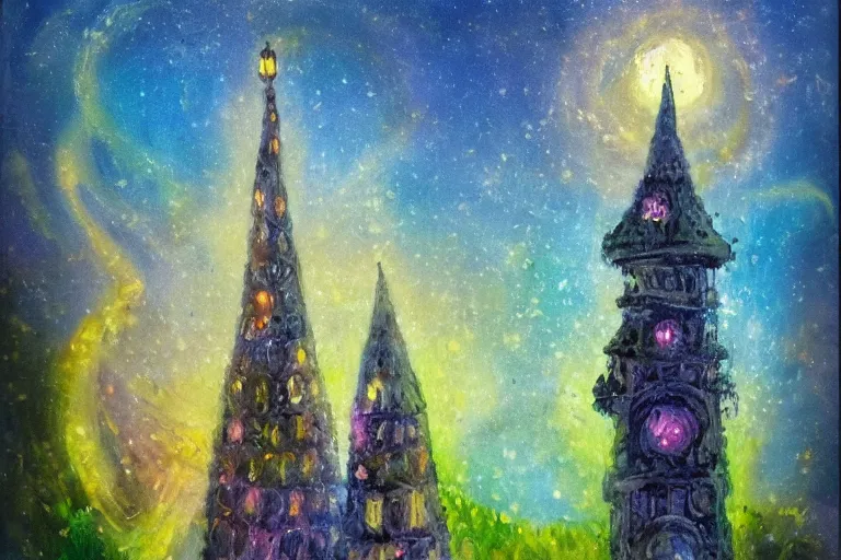 Prompt: impressionist painting of a sorcerer's magical tower, dark tones, bright flash, ant's eye view, ground view, intricate magic details, wizard tower, bursting with magic