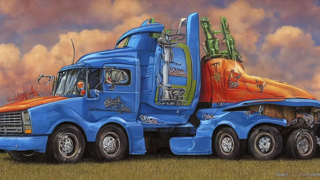 Prompt: truck from Maximum Overdrive (1986) painted by Gerald Brom, highly detailed