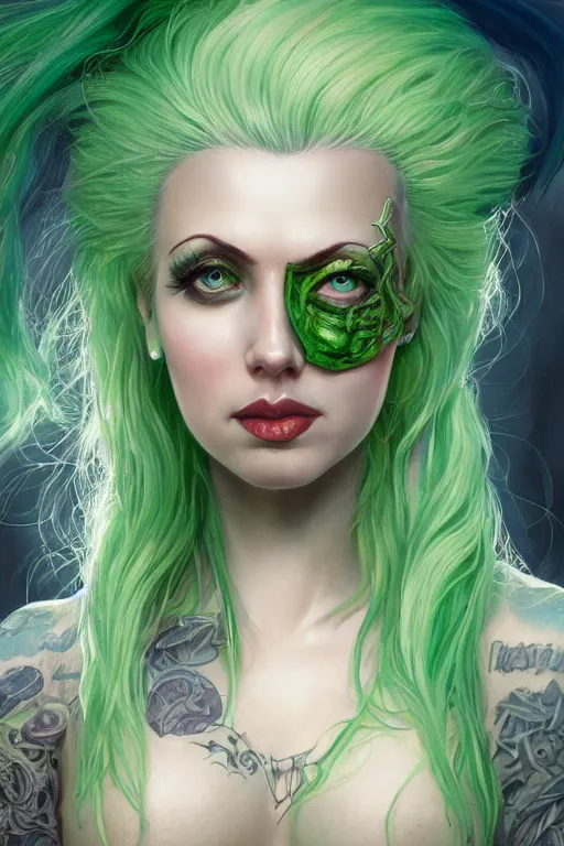 Image similar to closeup portrait shot of green hair tattooed pinup hannah murray, rogue bard, dnd, highly detailed, digital painting, artstation, concept art, soft focus, depth of field, artgerm, tomasz alen kopera, peter mohrbacher, donato giancola, wlop, boris vallejo