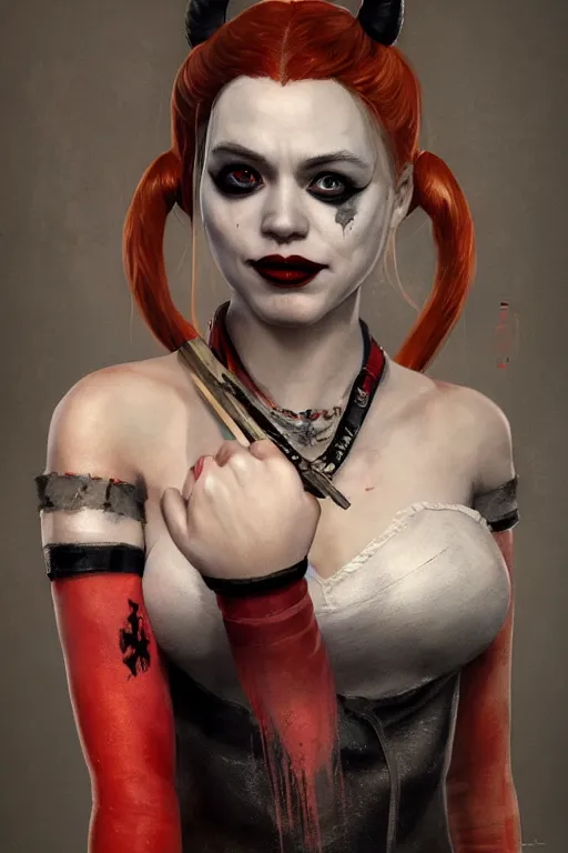 Prompt: a portrait of a very detailed Harley Quinn by Greg Rutkowski, Sung Choi, Mitchell Mohrhauser, Maciej Kuciara, Johnson Ting, Maxim Verehin, Peter Konig, final fantasy , mythical, 8k photorealistic, cinematic lighting, HD, high details, atmospheric,