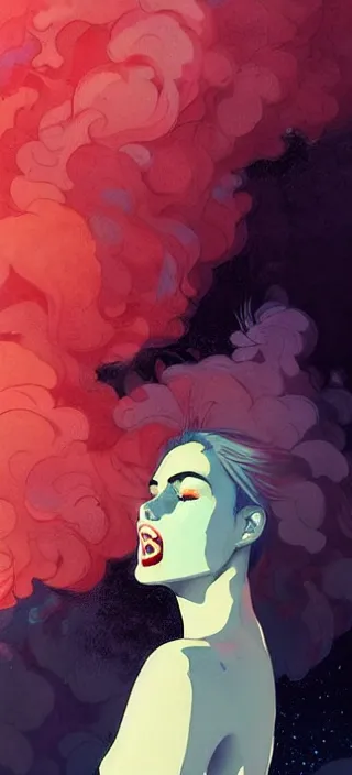 Image similar to lots of swirling, thick smoke drifting from a young woman's open mouth, by conrad roset, dramatic digital art, trending on artstation