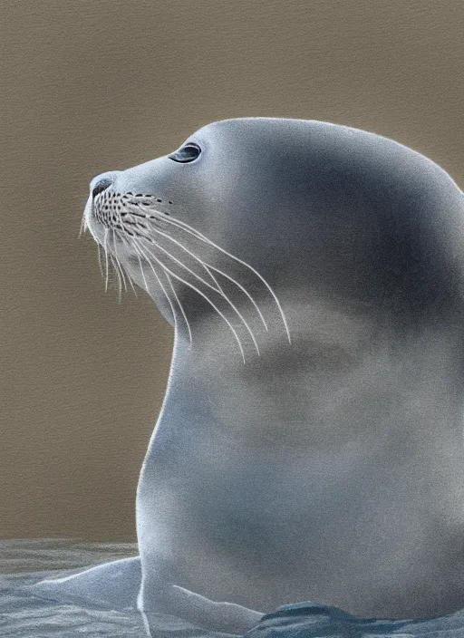 Image similar to a young man and a seal staring at each other intently. the man has brown curly hair, brown beard, small nose, blue eyes. the seal is gray. digital painting by annie lebowitz. extremely detailed, ultra realistic