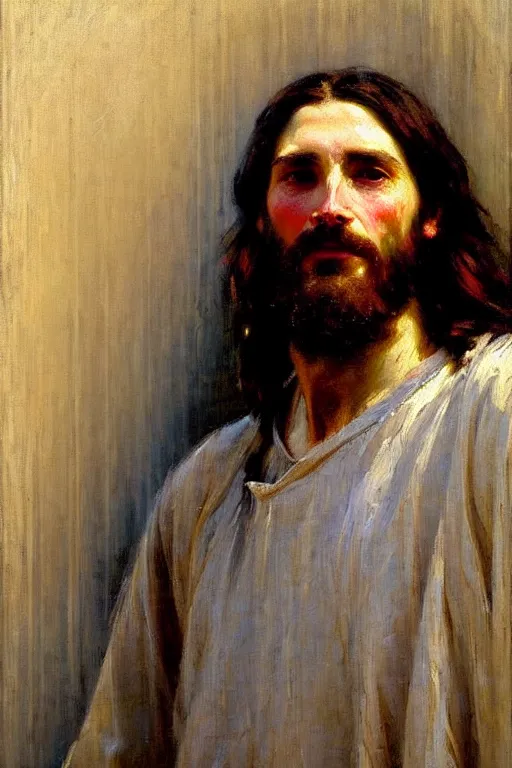 Image similar to impressionist brushstrokes!!!!!!!!! solomon joseph solomon and richard schmid and jeremy lipking victorian loose genre loose painting full length portrait painting of jesus with a slight smile happy inviting