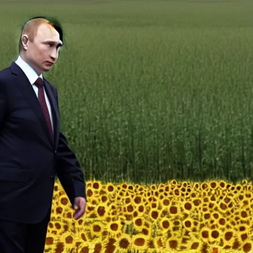 Image similar to Putin standing among a burning field of sunflowers,