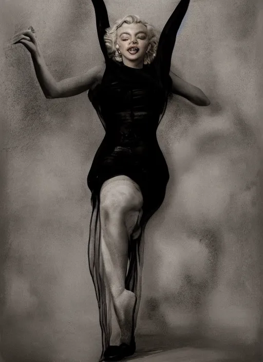 Prompt: a portrait of marilyn monroe by erwin olaf, joel peter witkin, agnieszka osipa, photorealistic, intricate details, hyper realistic, dark fantasy, onyx, photorealistic, canon r 3, photography, symmetrical features, symmetrical pose, wide angle shot, head to toe, standing pose, feet on the ground,