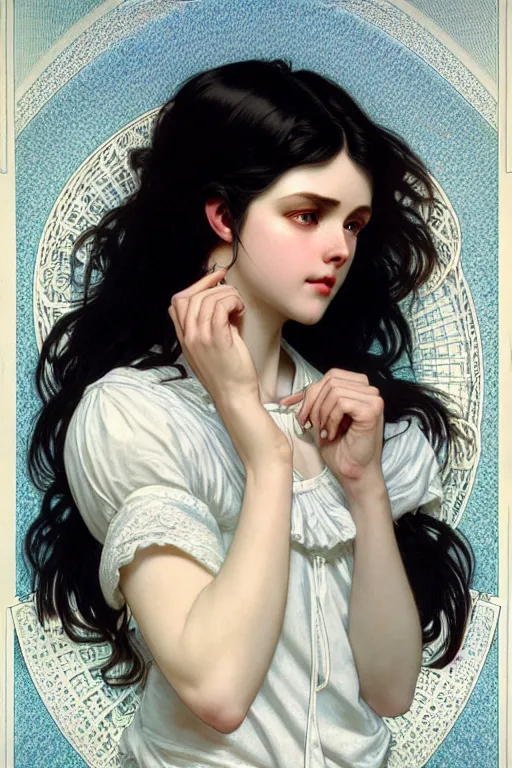 Image similar to ultra realistic, Beautiful black haired woman, Porcelain white complexion, big blue eyes, cute small lips., wearing jeans and white blouse, whip in hand, intricate details, eerie, highly detailed, octane render, 8k, art by artgerm and alphonse mucha and greg rutkowski