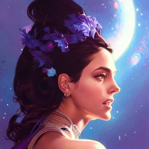 Image similar to Portrait of very very very very very very beautiful Latina woman, spacesuit, purple eyes, intricate, elegant, highly detailed, digital painting, artstation, concept art, smooth, sharp focus, illustration, art by artgerm and greg rutkowski and alphonse mucha