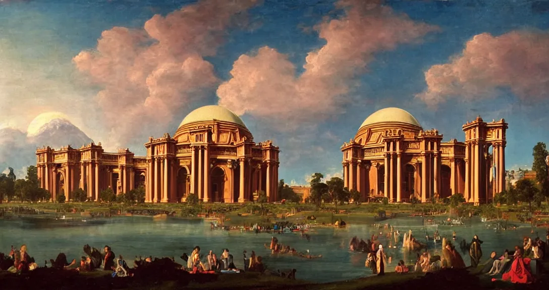 Image similar to the san francisco palace of fine arts during the intergalactic futuristic fair, romantic era painting, majestic