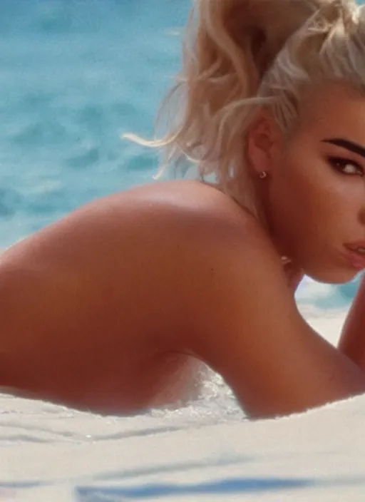 Image similar to a film still of dua lipa as pamela anderson in baywatch. cinematic.