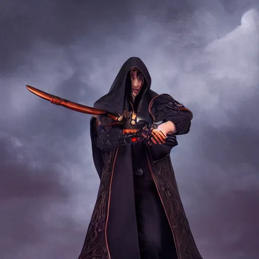 Image similar to a dark cloak with a single arm extending out of hit holding a pistol, portrait, 4 k, photorealistic