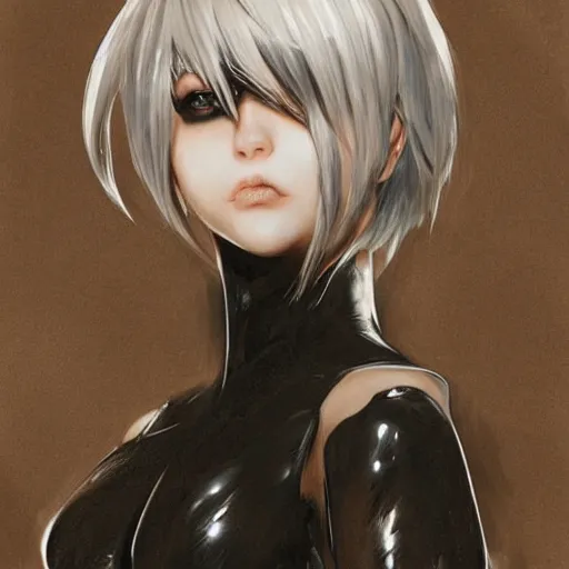 Image similar to pencil drawing of 2 b nier automata wearing a latex suit, beautiful piercing eyes, hyper realistic face, in the style of greg rutkowski, fantasy, amazing detail, epic, elegant, smooth, sharp focus