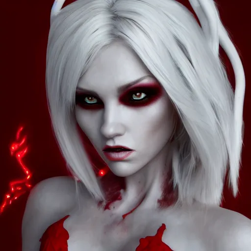 Image similar to a highly detailed portrait of a humanoid demon girl with white hair, red horns, in white clothes, red eyes, artstation, deviantart, professional, unreal engine 5, photorealistic