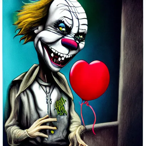 Image similar to grunge cartoon painting of kanye with a wide smile and a red balloon by chris leib, loony toons style, pennywise style, corpse bride style, horror theme, detailed, elegant, intricate