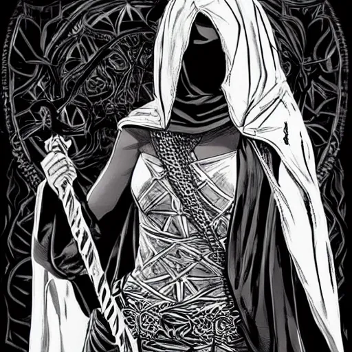 Image similar to a warrior woman in a hooded dark robe, her face is covered by a chain - mail veil, standing in a fighting stance and holding a long staff, intricate, elegant, highly detailed, smooth, sharp focus, high contrast, graphic novel, art by pepe larraz,