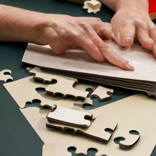 Image similar to Photograph of a book being constructed out of pieces like a giant puzzle