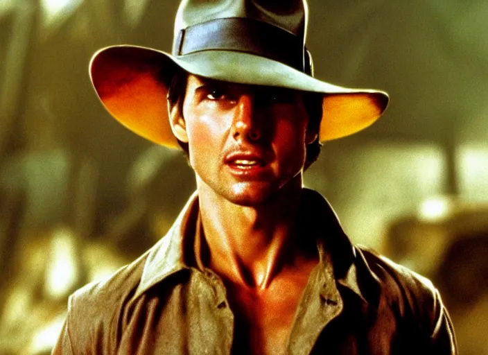 Image similar to film still of Tom Cruise as Indiana Jones in Raiders of the Lost Ark, 4k