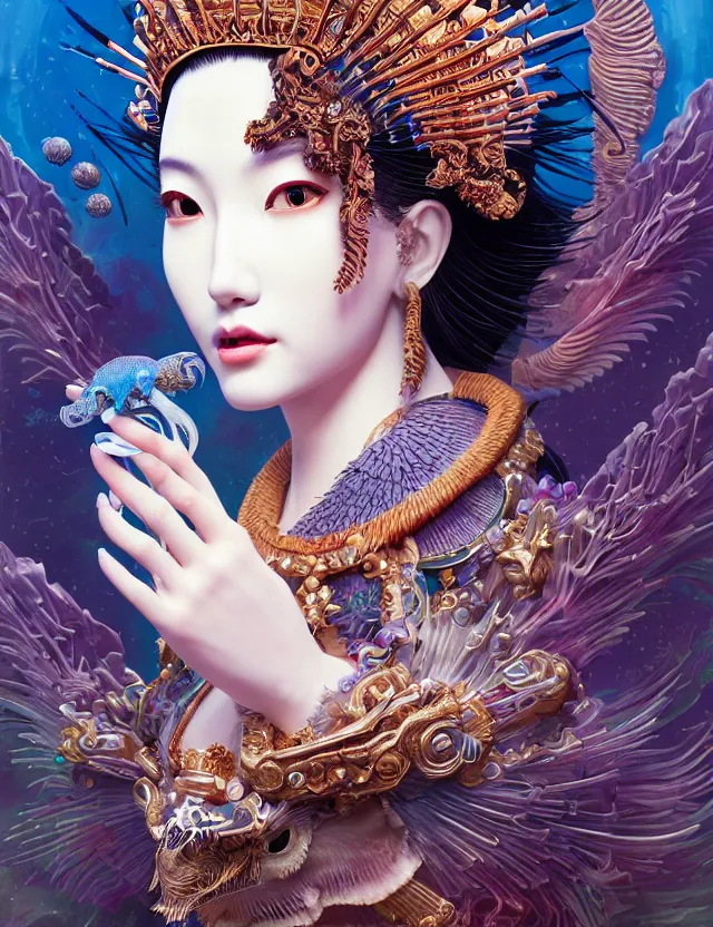 Image similar to 3 d goddess close - up profile portrait with crown, ram skull. beautiful intricately detailed japanese crow kitsune mask and clasical japanese kimono. betta fish, jellyfish phoenix, bio luminescent, plasma, ice, water, wind, creature, artwork by tooth wu and wlop and beeple and greg rutkowski