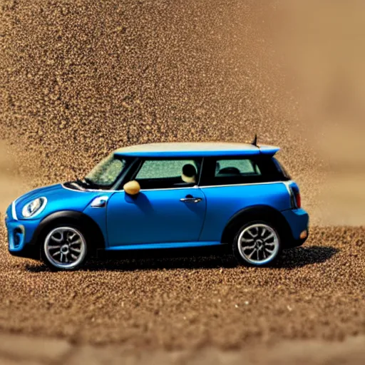 Image similar to a 4 k photorealistic photo of a miniature mini cooper car on a sandy beach, natural lighting, outdoors, highly detailed macro photography, shallow depth of field, full shot