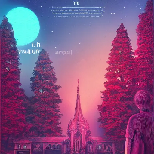 Image similar to mystical realistic poster with shaded lighting by arjun brooklyn radiant light, detailed and complex environment, solace, beautiful, utopic city with many buildings and temples, old growth pine trees, overlaid sacred geometry, with implied lines, gradient of hot pink and neon baby blue