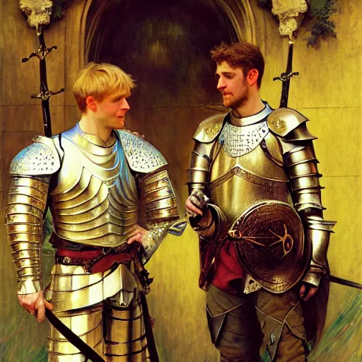 Image similar to attractive arthur pendragon and his attractive male knight, they are in love, natural lighting, path traced, highly detailed, high quality, digital painting, by gaston bussiere, craig mullins, alphonse mucha j. c. leyendecker