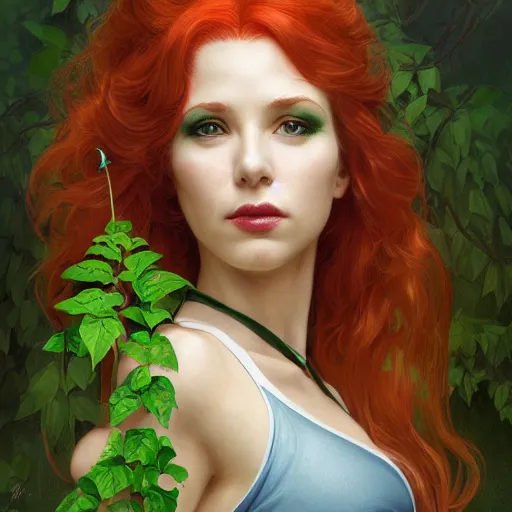 Image similar to a beautiful and detailed matte painting of poison ivy dressed as a hospital nurse, fantasy, d & d, dark eyeliner, intricate, elegant, highly detailed, digital painting, artstation, concept art, matte, sharp focus, illustration, art by greg rutkowski and alphonse mucha