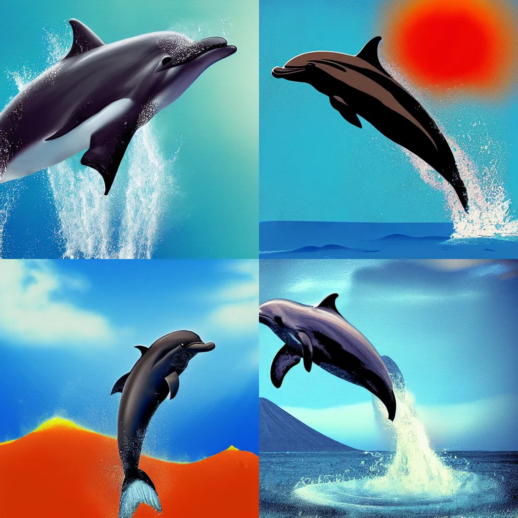 Prompt: a dolphin jumping out of a volcano, digital art