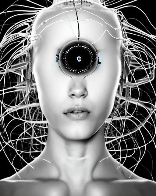 Image similar to black and white young female-cyborg-human-jellyfish-plant high quality photo, microchip, artificial intelligence, bio-mechanical bio-luminescence, black wired cables, neurons, nerve cells, octane render, cinematic, rim light, hyper realism, photo-realistic, high detail, 8k, masterpiece, high fashion, in the style of Dora Maar