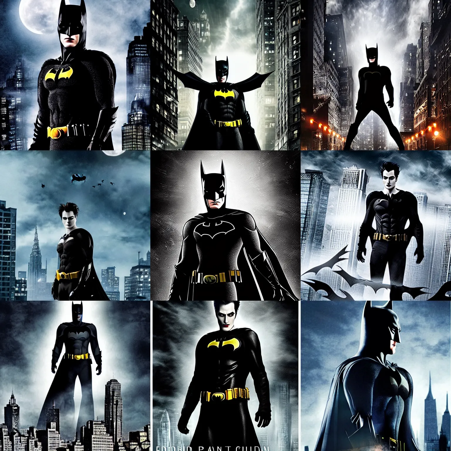 Prompt: Edward Cullen fighting Batman night full moon city buildings gotham city movie poster