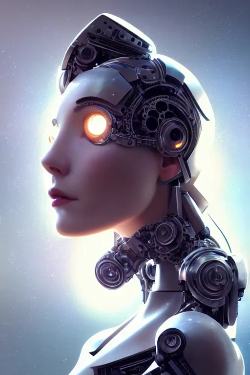 Prompt: Mechanical female android looking, cinematic lighting, intricate, elegant, super highly detailed, art station, concept art, smooth, sharp focus, no blur, no dof, extreme illustration, Unreal Engine 5, Photorealism, HD quality, 8k resolution, cinema 4d, 3D, beautiful, delicate, art by artgerm and greg rutkowski and alphonse mucha and loish and WLOP