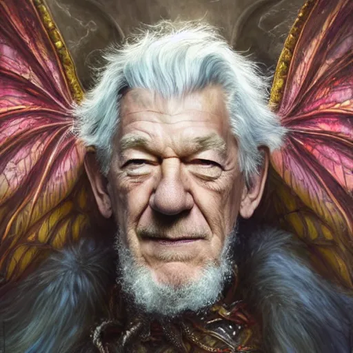 Image similar to closeup portrait shot of ian mckellen as king oberon, fairy wings, lord of beasts, highly detailed, digital painting, artstation, concept art, soft focus, depth of field, artgerm, tomasz alen kopera, peter mohrbacher, donato giancola, wlop, boris vallejo