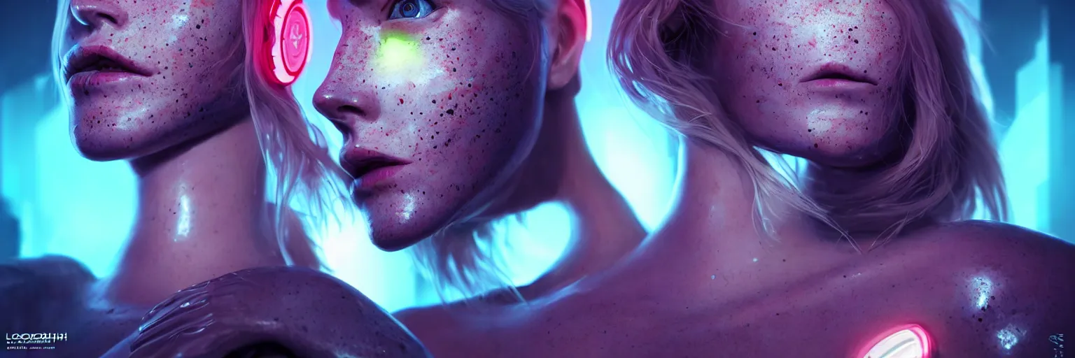 Image similar to outfocus photography of a beautiful scandinavian female humanoid with freckles, by loish, d & d, fantasy, cyber neon lighting, futurism, intricate futuristic jewelry accessories, cyberpunk high fashion glossy latex swimsuit, profile posing, perfect anatomy, hyper photorealistic, digital photography, artstation, pinterest, concept art, art by pascal blanche and greg rutkowski,