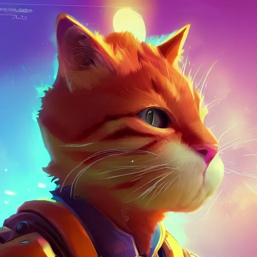 Image similar to ginger cat as overwatch character, digital illustration portrait design, by android jones and greg rutkowski, retrowave color scheme, detailed, cinematic lighting, wide angle action dynamic portrait