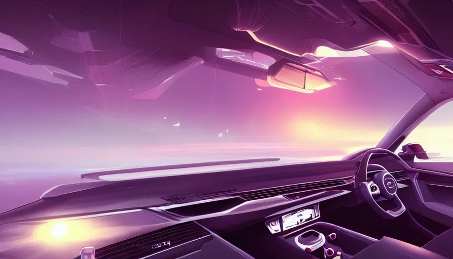 Image similar to interior of a futuristic audi a 3 in a futuristic florida, sunset, volumetric light, hyperdetailed, artstation, cgsociety, 8 k