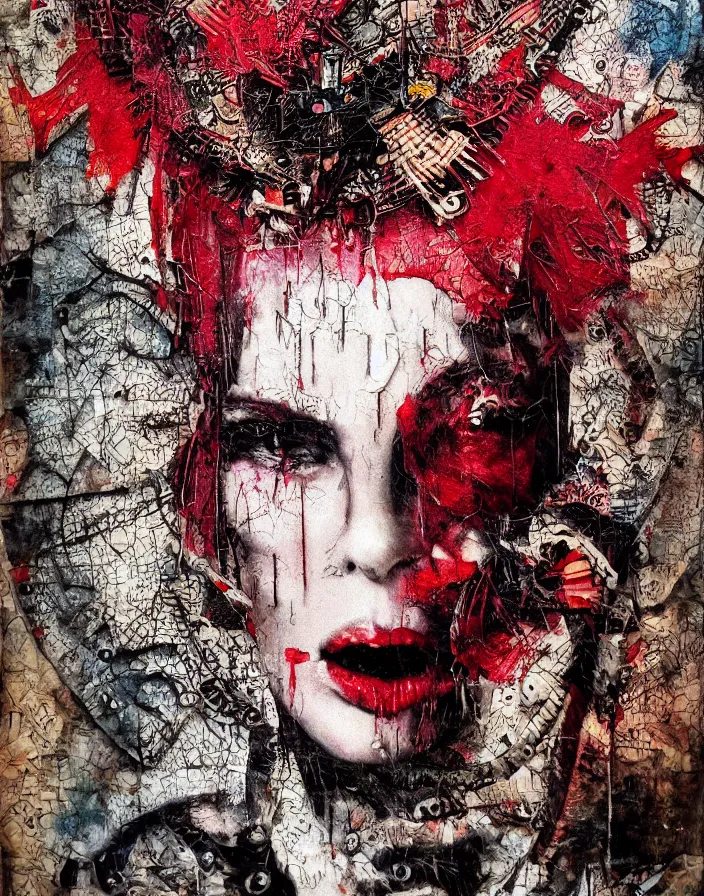 Prompt: heartbroken aesthetical devil detailed photo and highly reliefed analogue mixed media collage with canvas texture in style of conteporary art, punk art, hyperrealistic beautiful face, photorealistic, expressionism, masterpiece, perfect composition, spectacular quality, intricate oil details