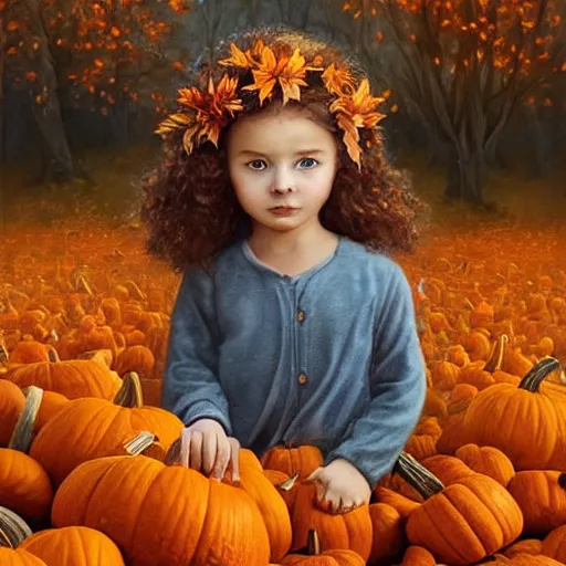 Image similar to a cute little girl with light brown wavy curly hair and blue eyes sitting amidst piles of pumpkins. beautiful cute highly detailed face. she is wearing a crown of autumn leaves. autumn and fall and halloween themed painting by artgerm and greg rutkowski and magali villanueve.