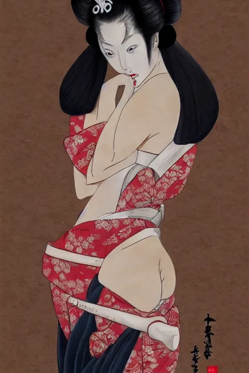 Image similar to extremely sensual geisha full body, one uncovered shoulder, different point of view, digital art, 8k, character, realistic, portrait, photorealism, japan watercolour, masterpiece art