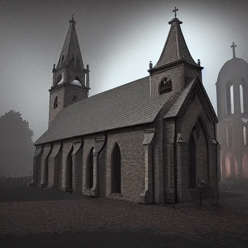 Prompt: victorian church in the middle of the city, dark, misty, at night, 8 k, detailed, concept art, trending on artstation