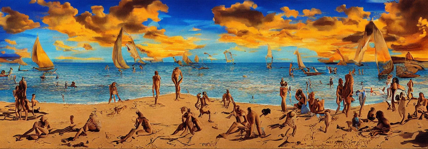 Image similar to People in beach by Salvador Dali and Bob Ross collaboration, mural, sun set, digital art, high details